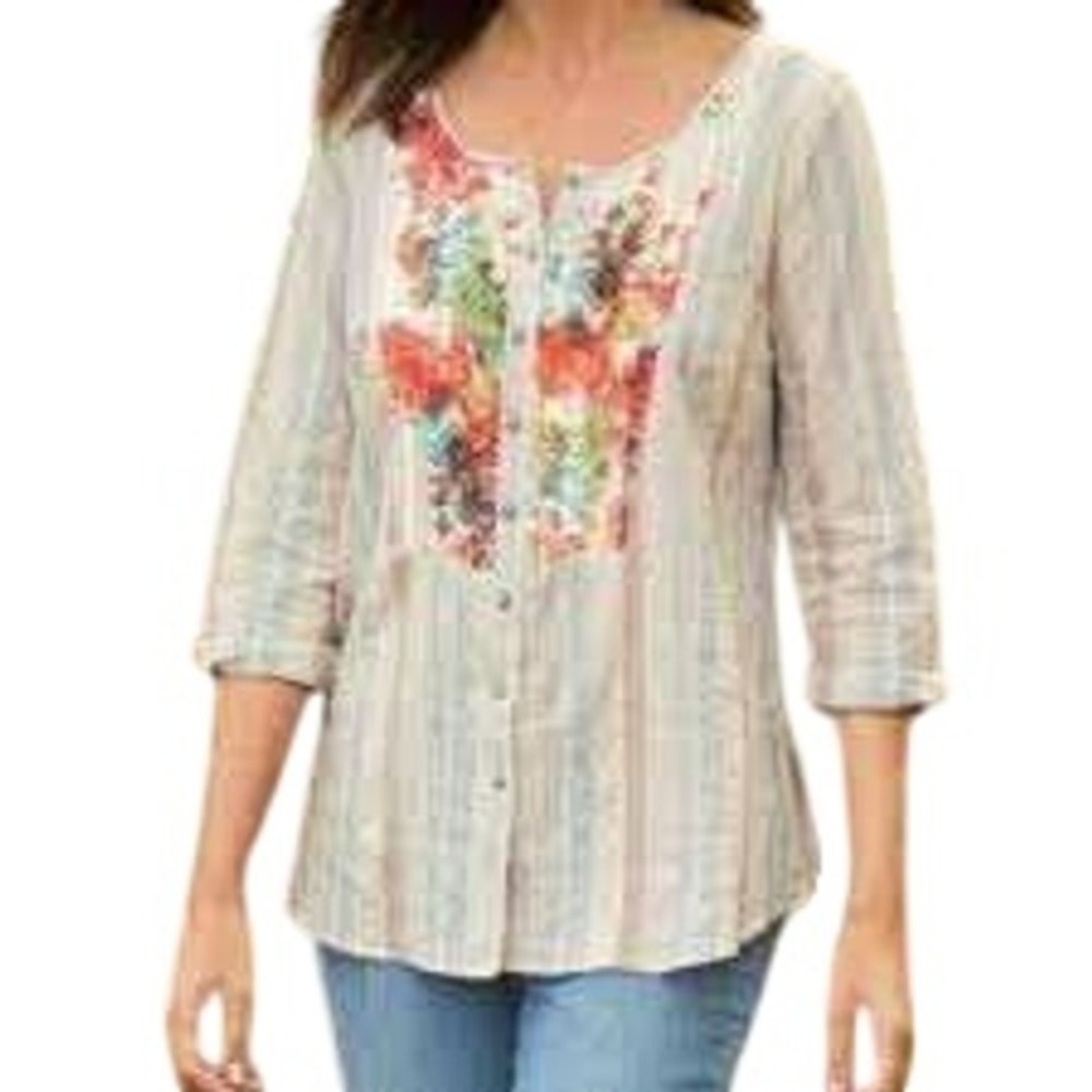 Soft Surroundings Striped Floral Bib Tunic Top Button Down High Low Hem